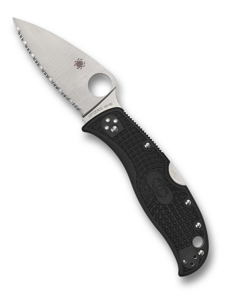 Spyderco LeafJumper folding knife with thumb hole - shown open presentation side.  Satin VG-10 stainless steel serrated edge blade.  Black FRN handle.  Model C262SBK.