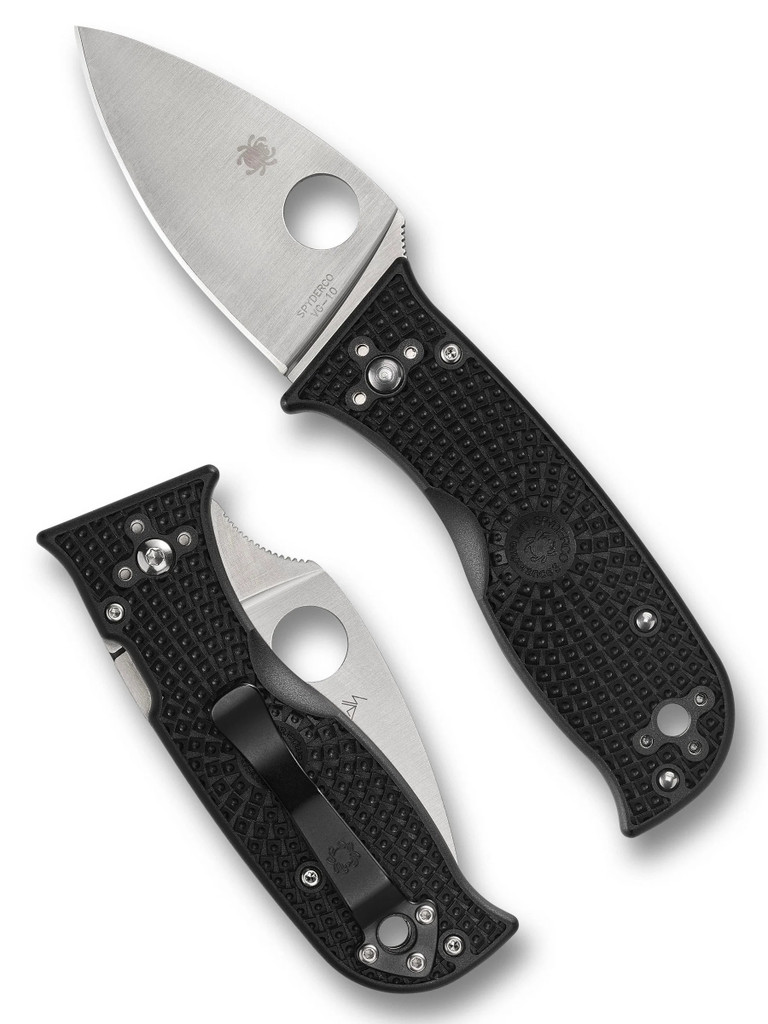 Spyderco Lil' Temperance 3 folding knife with thumb hole - shown open presentation side and closed pocket clip side.  Satin VG-10 stainless steel plain edge blade.  Black FRN handle.  Model C69PBK3.