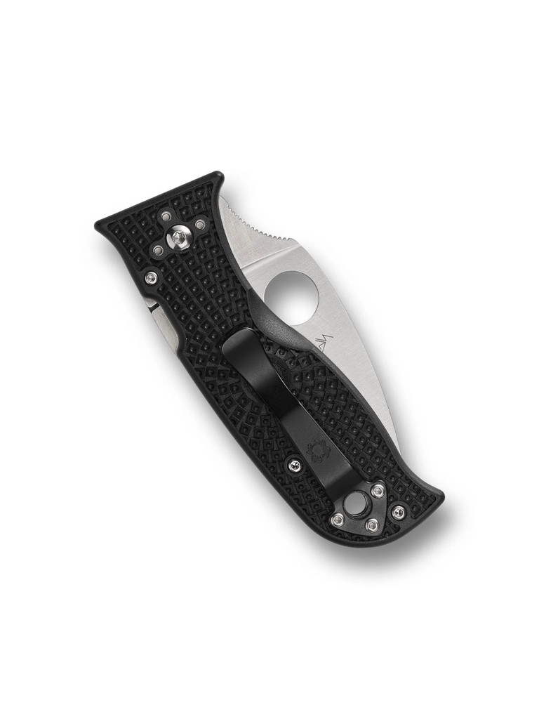 Spyderco Lil' Temperance 3 folding knife with thumb hole - shown closed pocket clip side.  Satin VG-10 stainless steel plain edge blade.  Black FRN handle.  Model C69PBK3.