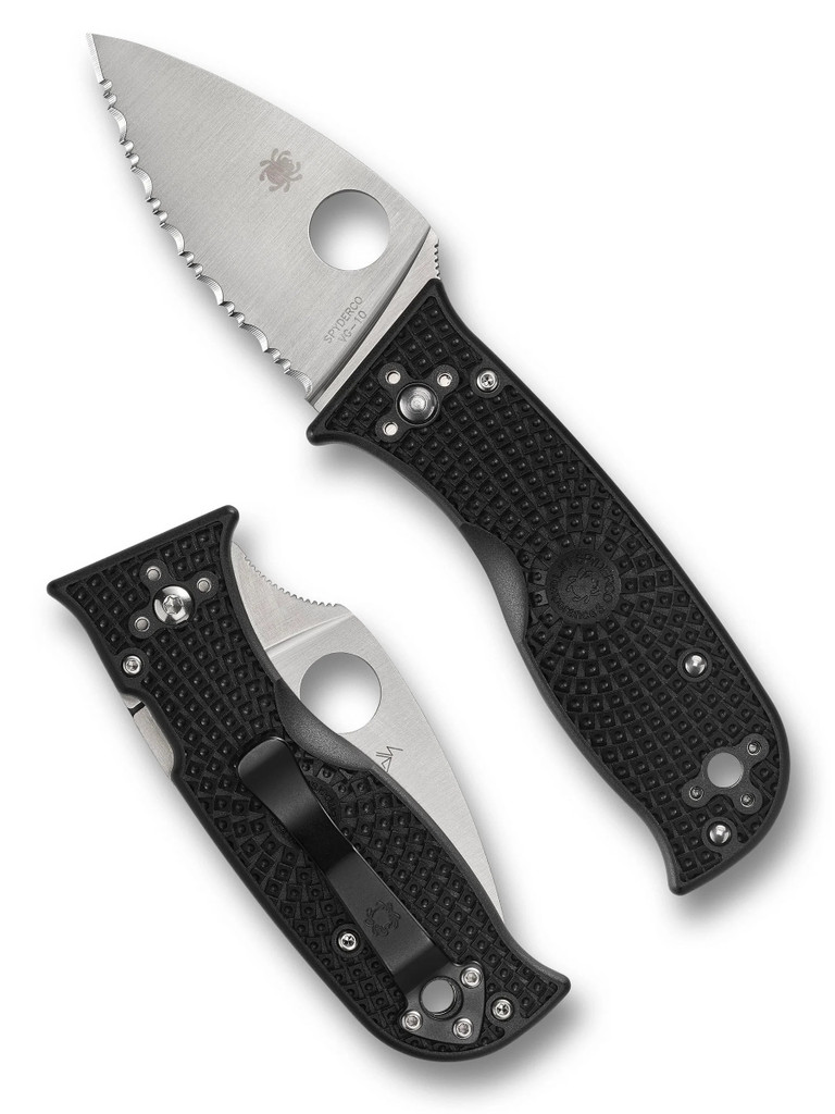 Spyderco Lil' Temperance 3 folding knife with thumb hole - shown open presentation side and closed pocket clip side.  Satin VG-10 stainless steel serrated edge blade.  Black FRN handle.  Model C69SBK3.