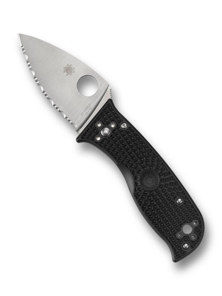 Spyderco Lil' Temperance 3 folding knife with thumb hole - shown open presentation side.  Satin VG-10 stainless steel serrated edge blade.  Black FRN handle.  Model C69SBK3.