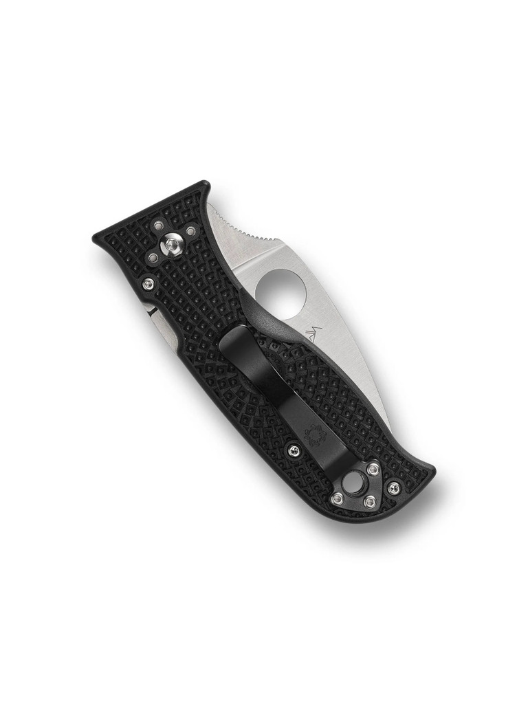 Spyderco Lil' Temperance 3 folding knife with thumb hole - shown closed pocket clip side.  Satin VG-10 stainless steel serrated edge blade.  Black FRN handle.  Model C69SBK3.