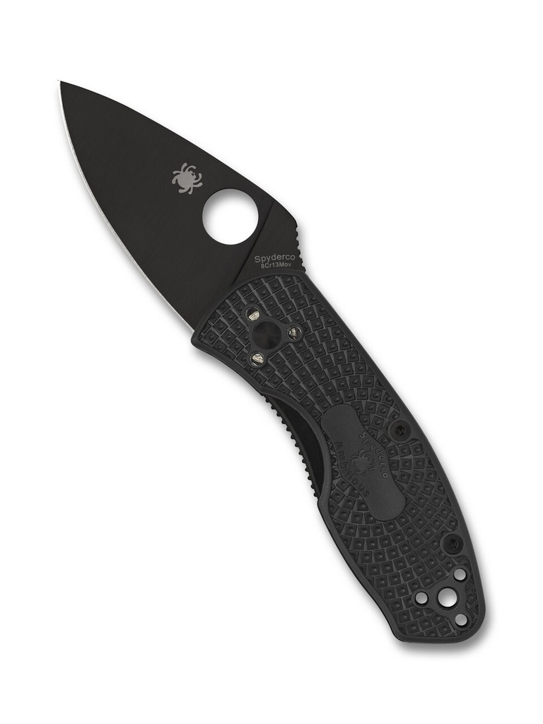 Spyderco Ambitious folding knife with thumb hole - shown open presentation side.  Black 8Cr13MoV stainless steel plain edge blade.  Black FRN handle.  Model C148PBBK.