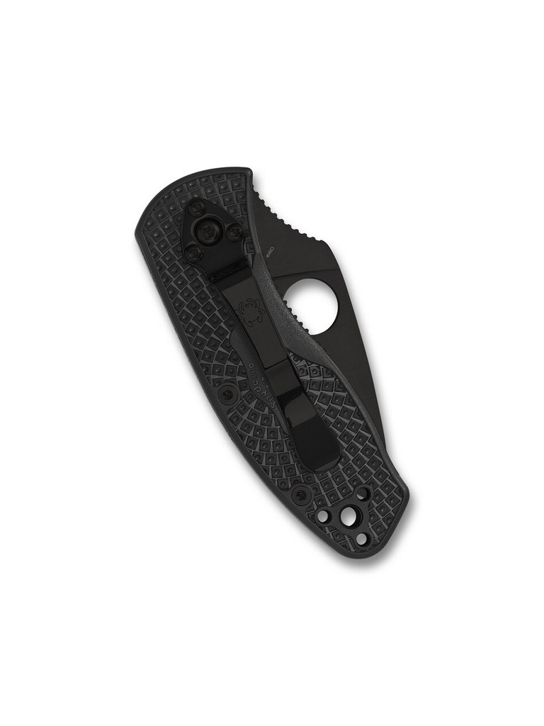Spyderco Ambitious folding knife with thumb hole - shown closed pocket clip side.  Black 8Cr13MoV stainless steel plain edge blade.  Black FRN handle.  Model C148PBBK.