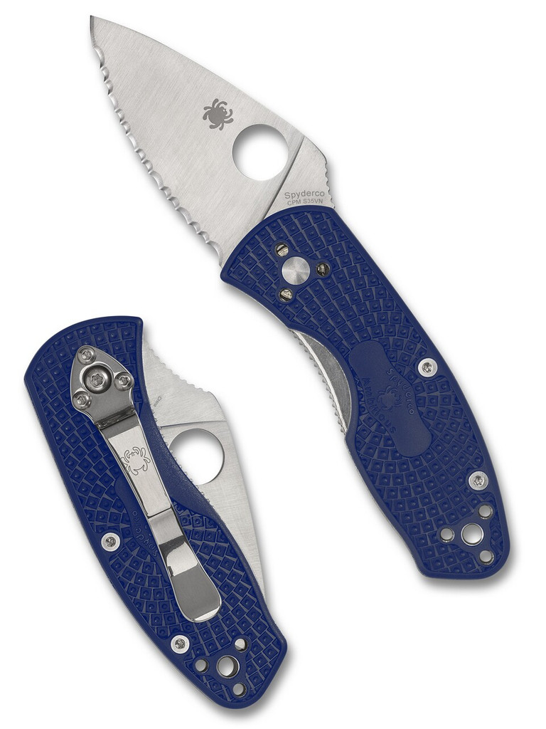 Spyderco Ambitious folding knife with thumb hole - shown open presentation side and closed pocket clip side.  Satin S35VN stainless steel serrated edge blade.  Blue FRN handle.  Model C148SBL.
