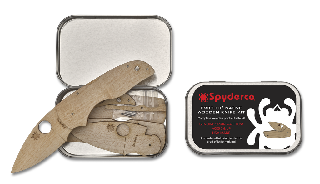 Spyderco Wooden Model Kit of Lil' Native folding knife - shown assembled out of box, in pieces in box, and closed box obverse.  Wood construction.  Model WDKIT2.