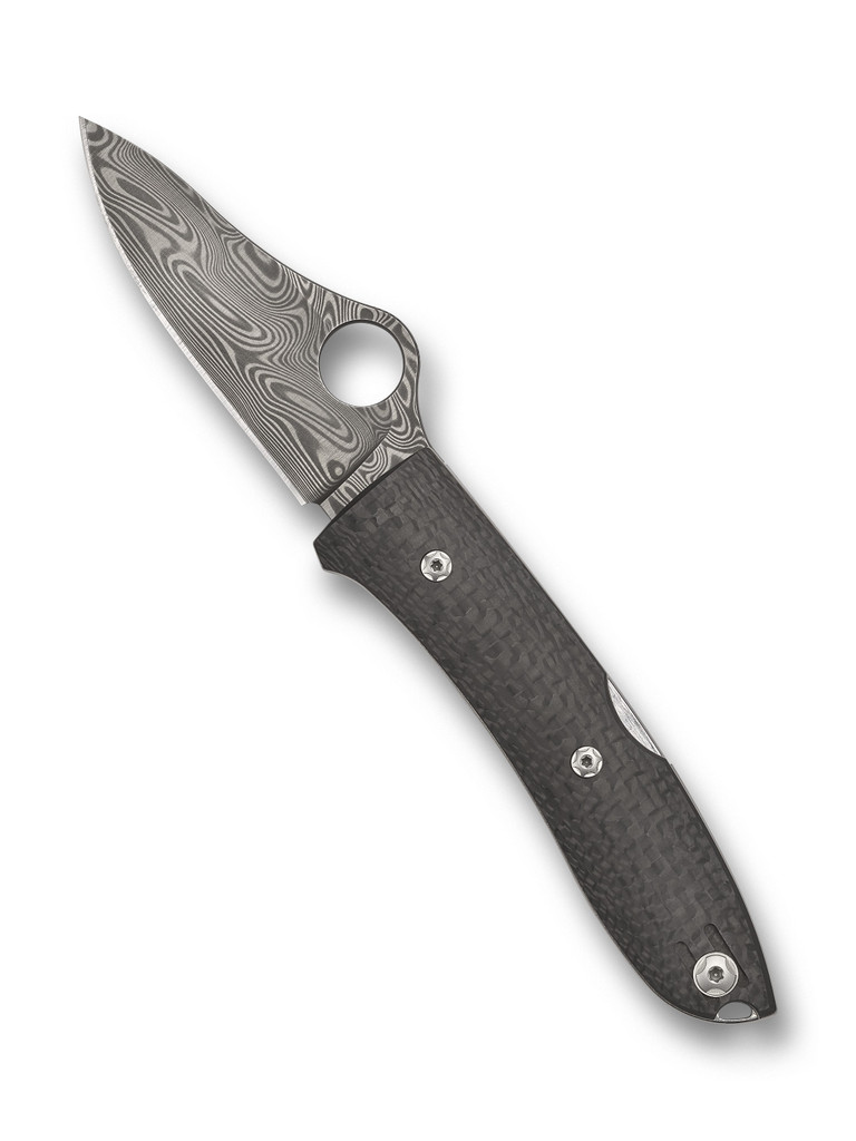 Spyderco SpyOpera Sprint Run folding knife with thumb hole - shown open presentation side.  DS93X Damascus steel plain edge blade.  Black carbon fiber handle.  Model C255CFPD.