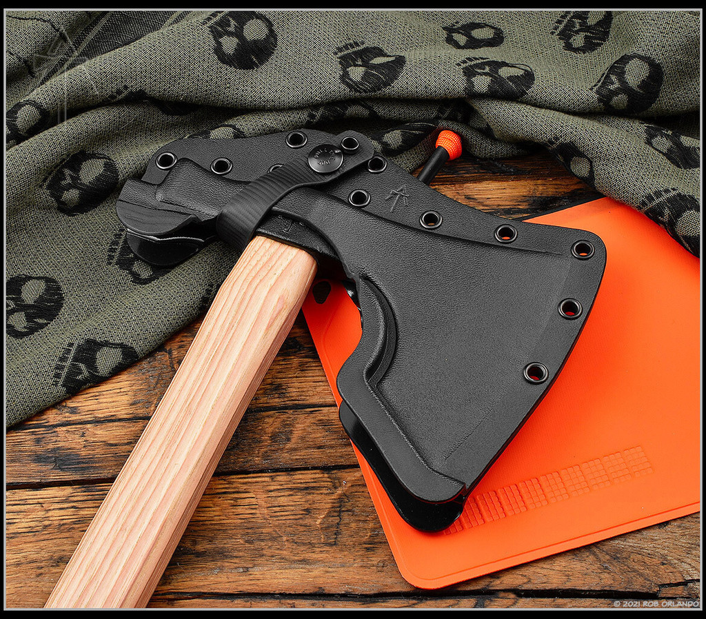 American Tomahawk Company Model 2 Topo - shown in scabbard.   Black Topo 1060 steel head.  Hickory wood handle.  Model ATC-HICKORY2-BK-TOPO.