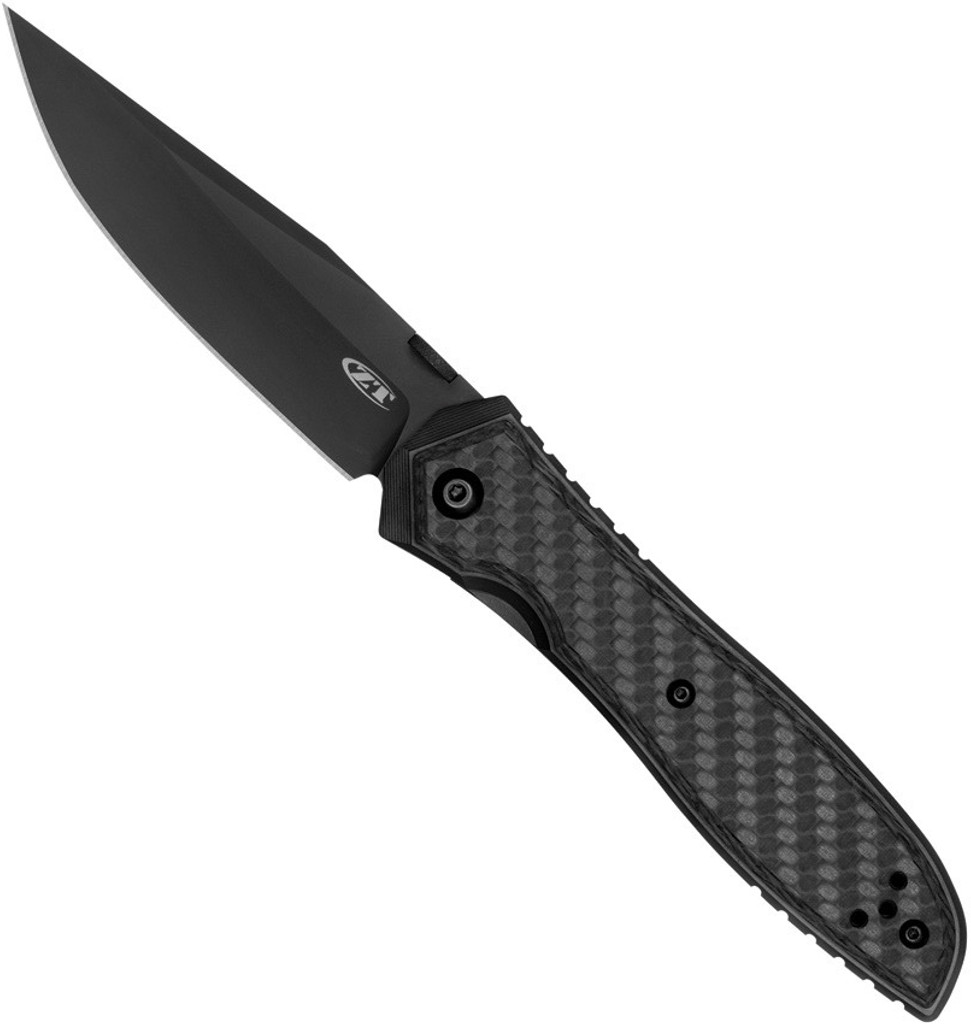 Zero Tolerance 0640BLK folding knife with thumb disk opener - open - logo side.  Black 20CV stainless steel plain edge blade.  Black carbon fiber and titanium handle.  Model 0640BLK.
For reference only.