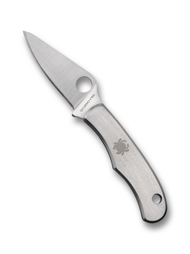 Spyderco Bug folding knife with thumb hole - shown open obverse.  Satin 3Cr13 stainless steel plain edge blade.  Stainless steel handle.  Model C133P.