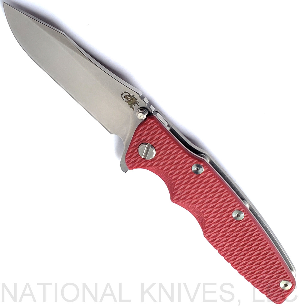 Rick Hinderer Knives Eklipse Spear Point folding knife with flipper tab and thumb stud - shown open presentation side.  Stonewash S45VN stainless steel plain edge blade.  Red G-10 handle with stonewash lock side.  Model KEK35SPE.