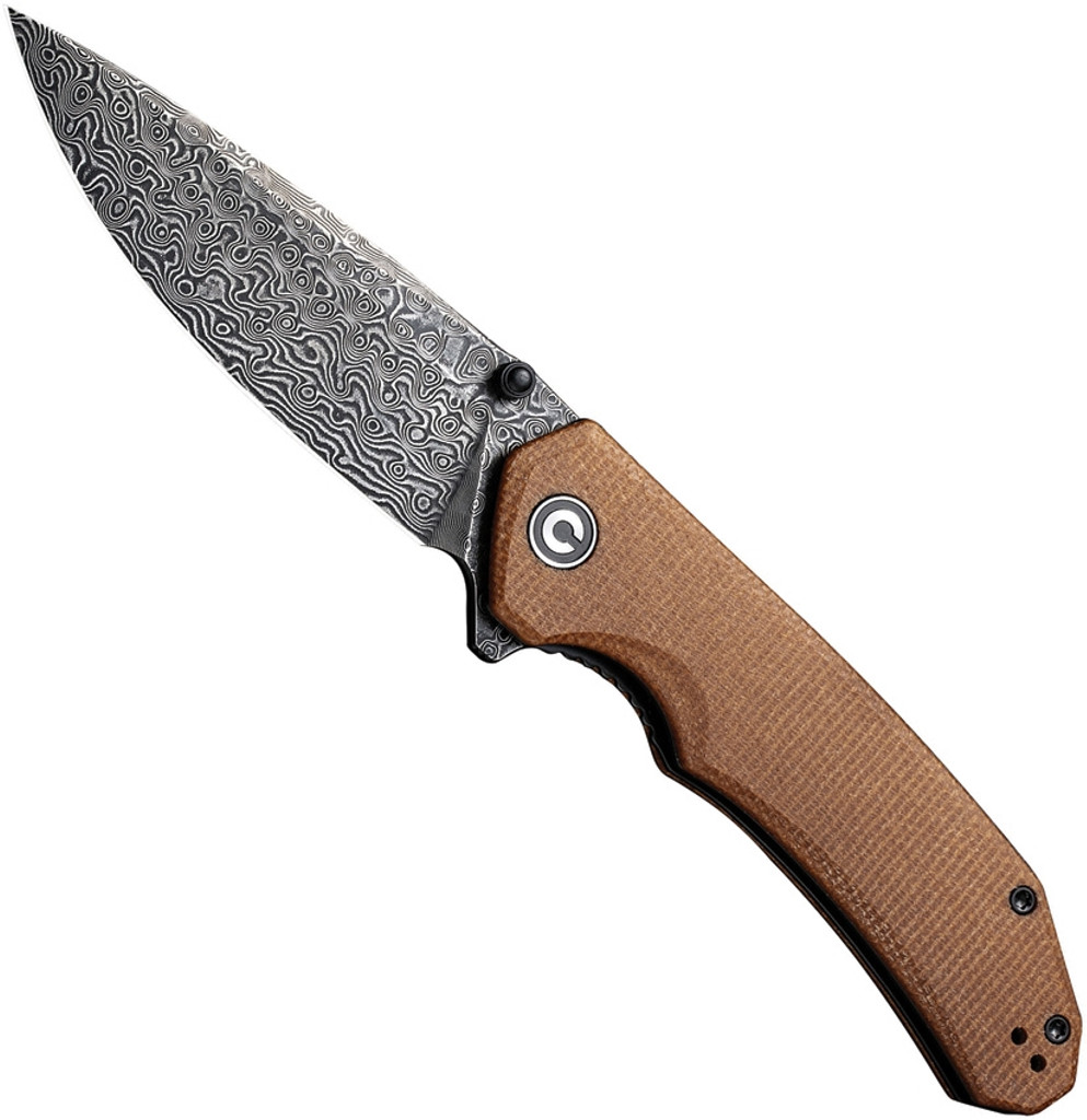 Civivi Brazen folding knife with thumb stud and flipper tab - shown open presentation side.  Damascus steel plain edge blade.  Brown Micarta handle.  Model C2102DS-1.