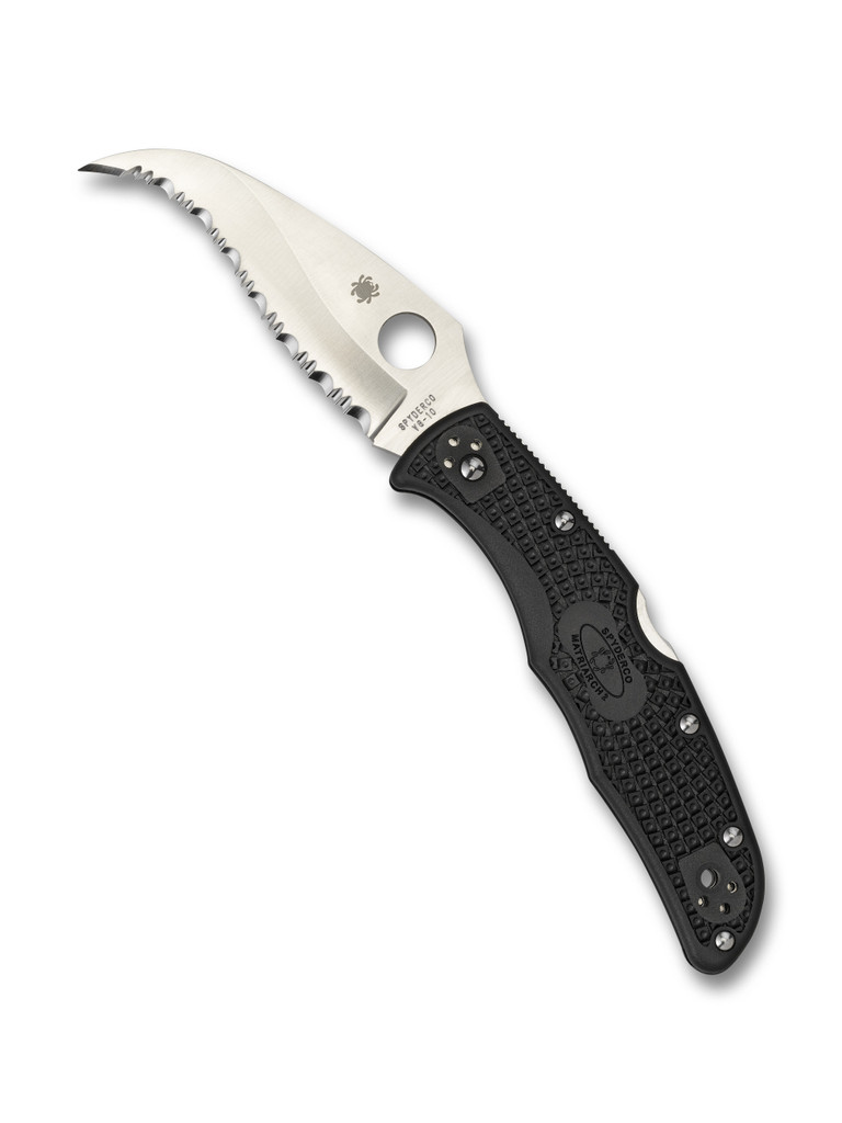 Spyderco Matriarch 2 folding knife with thumb hole - shown open presentation side.  Satin VG-10 stainless steel serrated edge blade.  Black FRN handle.  Model C12SBK2.