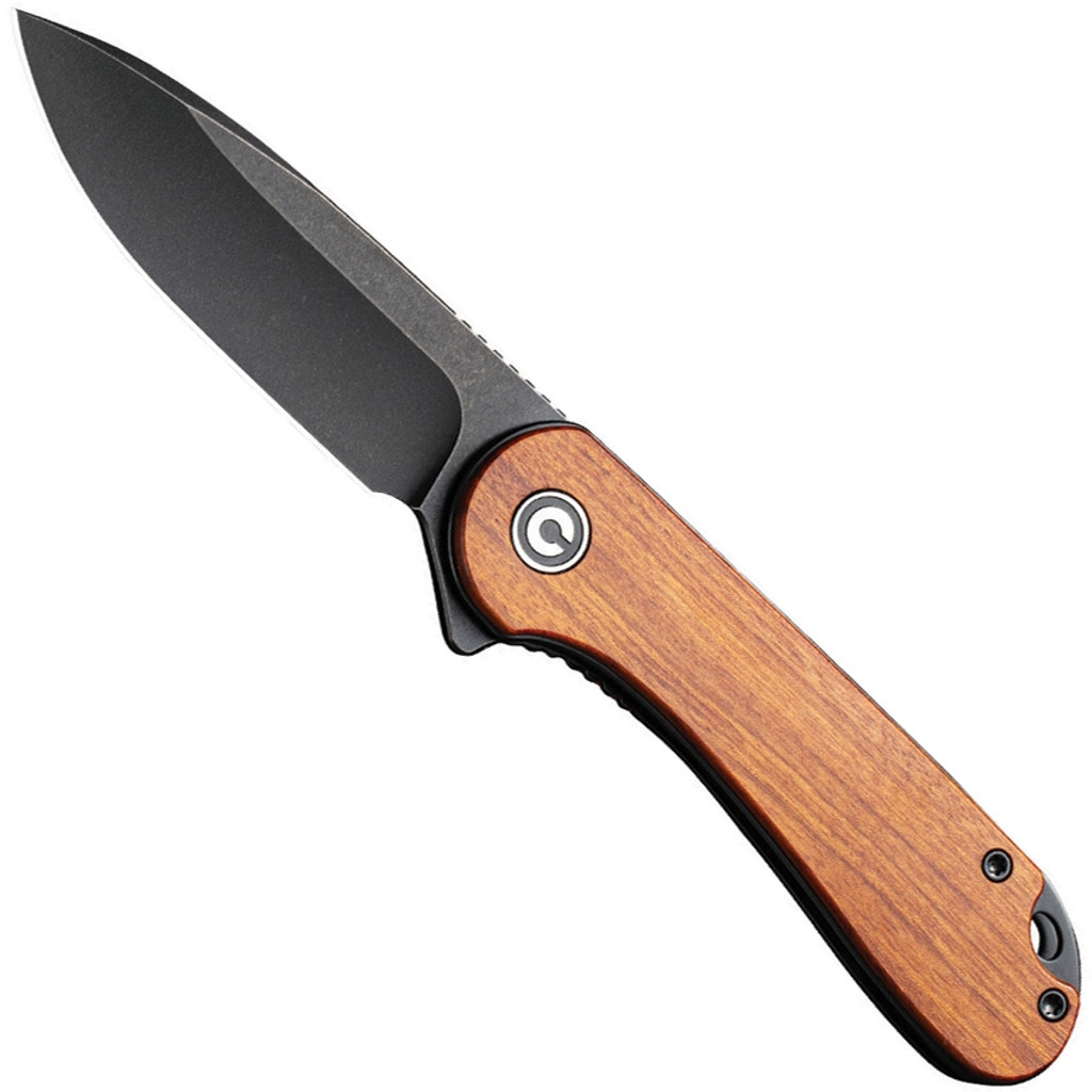 Civivi Elementum folding knife with flipper tab - shown open presentation side.  Black stonewash D2 steel plain edge blade.  Cuibourtia Wood handle.  Model 907U.