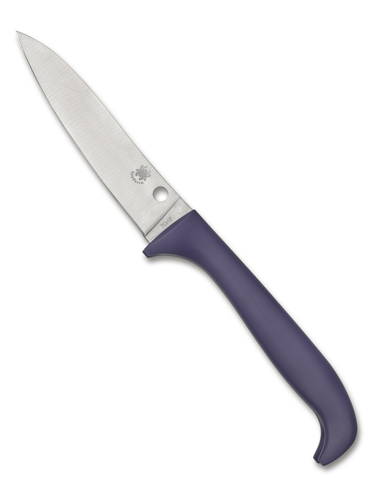 Spyderco Culinary Counter Critter kitchen knife - obverse shown.  Satin 7Cr17 stainless steel plain edge blade.  Purple polypropylene handle.  Model K21PPR.