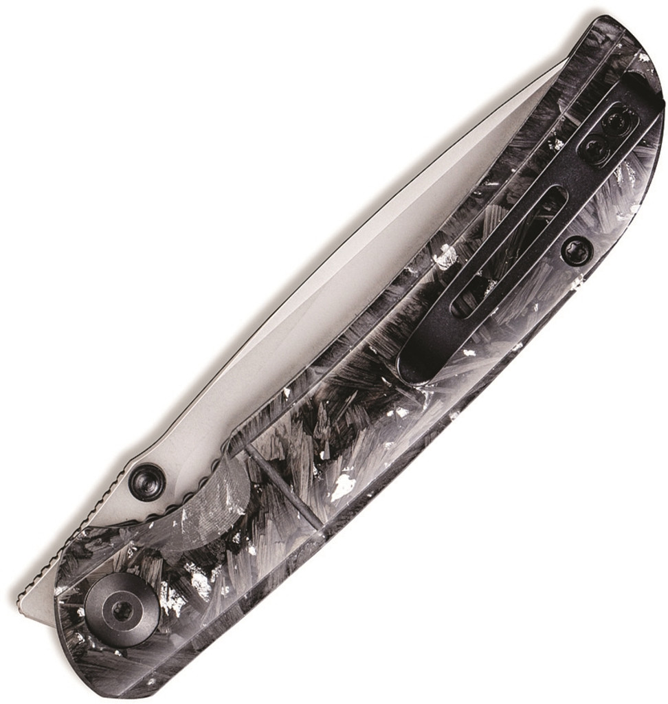 Civivi Imperium folding knife with thumb stud - shown closed pocket clip side.  Stonewash Nitro-V stainless steel plain edge blade.  Black carbon fiber and silvery shred in resin handle.  Model C2106B.