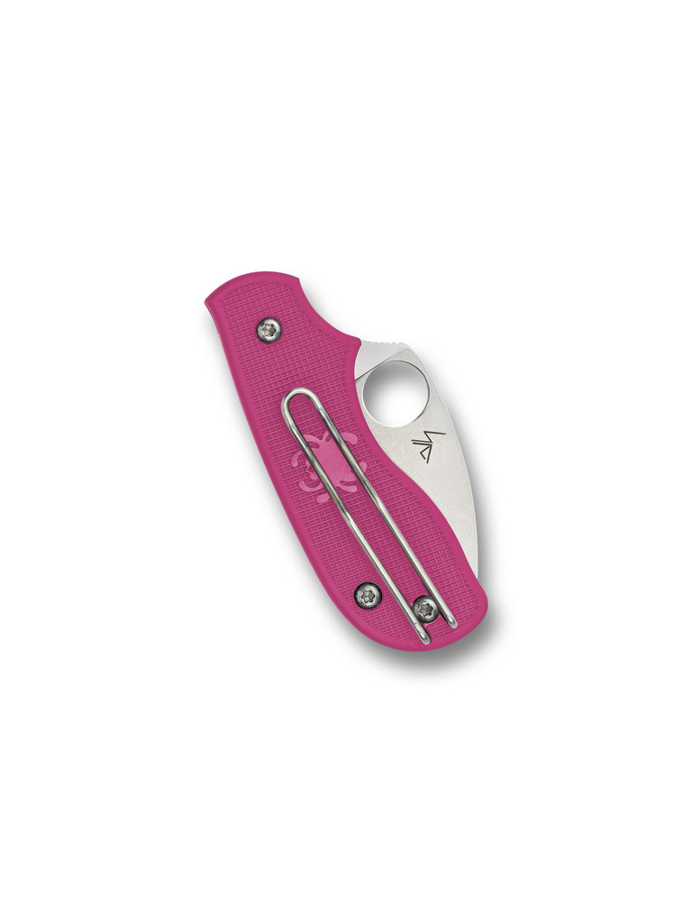 Spyderco Squeak folding knife with thumb hole - shown closed pocket clip side.  Satin M398 stainless steel plain edge blade. Pink FRN handle.  Model C154PPN.