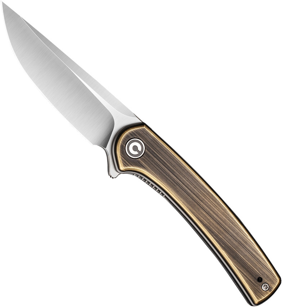 Civivi Mini Asticus folding knife with flipper tab - shown open presentation side.  Satin 10Cr15CoMoV stainless steel plain edge blade.  Rubbed brass handle.  Model C19026B-2.
