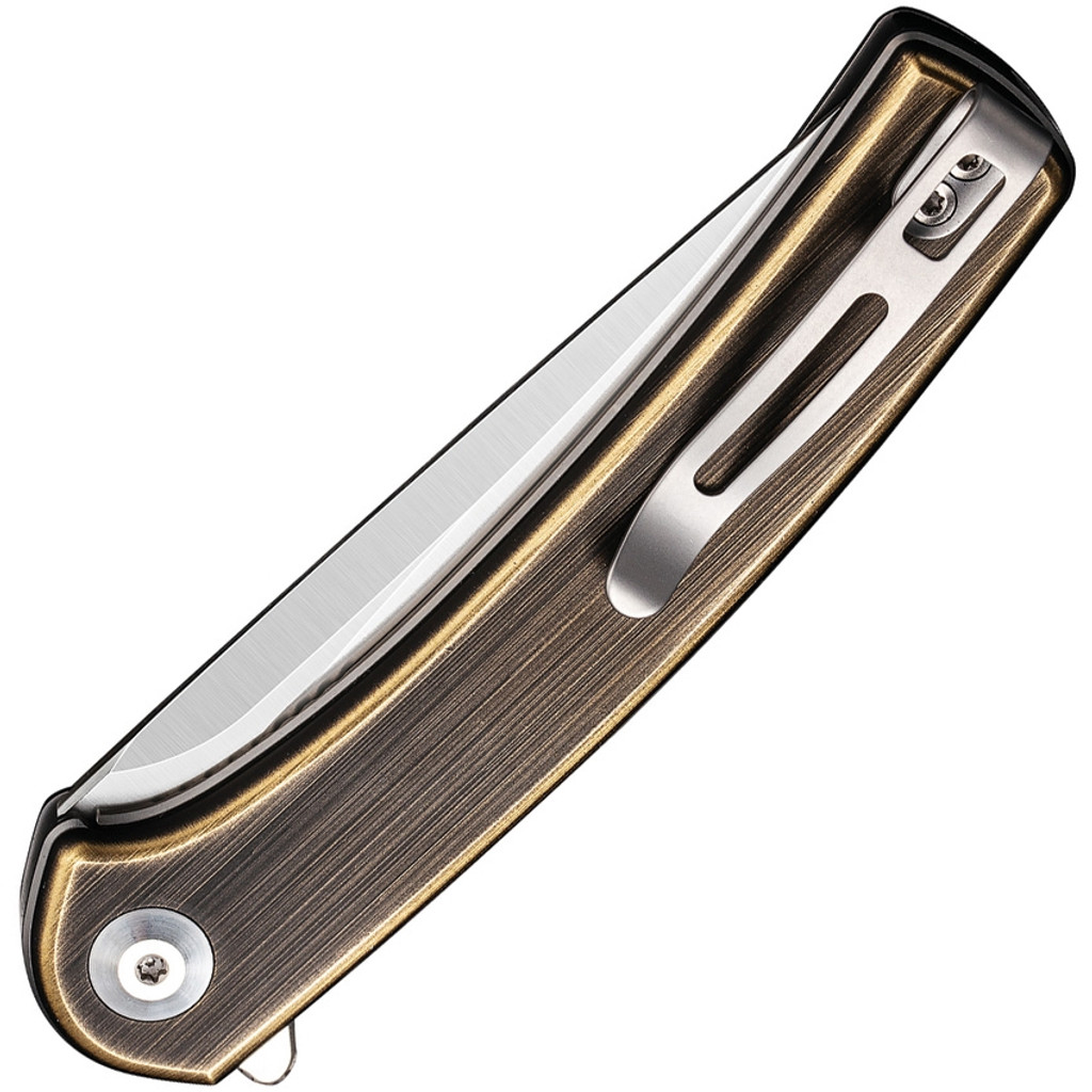 Civivi Mini Asticus folding knife with flipper tab - shown closed pocket clip side.  Satin 10Cr15CoMoV stainless steel plain edge blade.  Rubbed brass handle.  Model C19026B-2.
