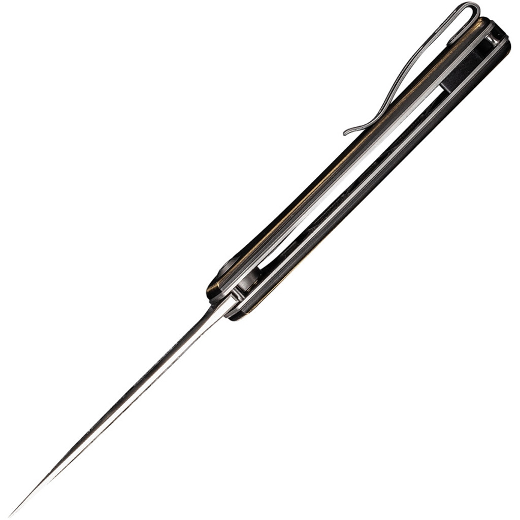Civivi Mini Asticus folding knife with flipper tab - shown open top view.  Satin 10Cr15CoMoV stainless steel plain edge blade.  Rubbed brass handle.  Model C19026B-2.