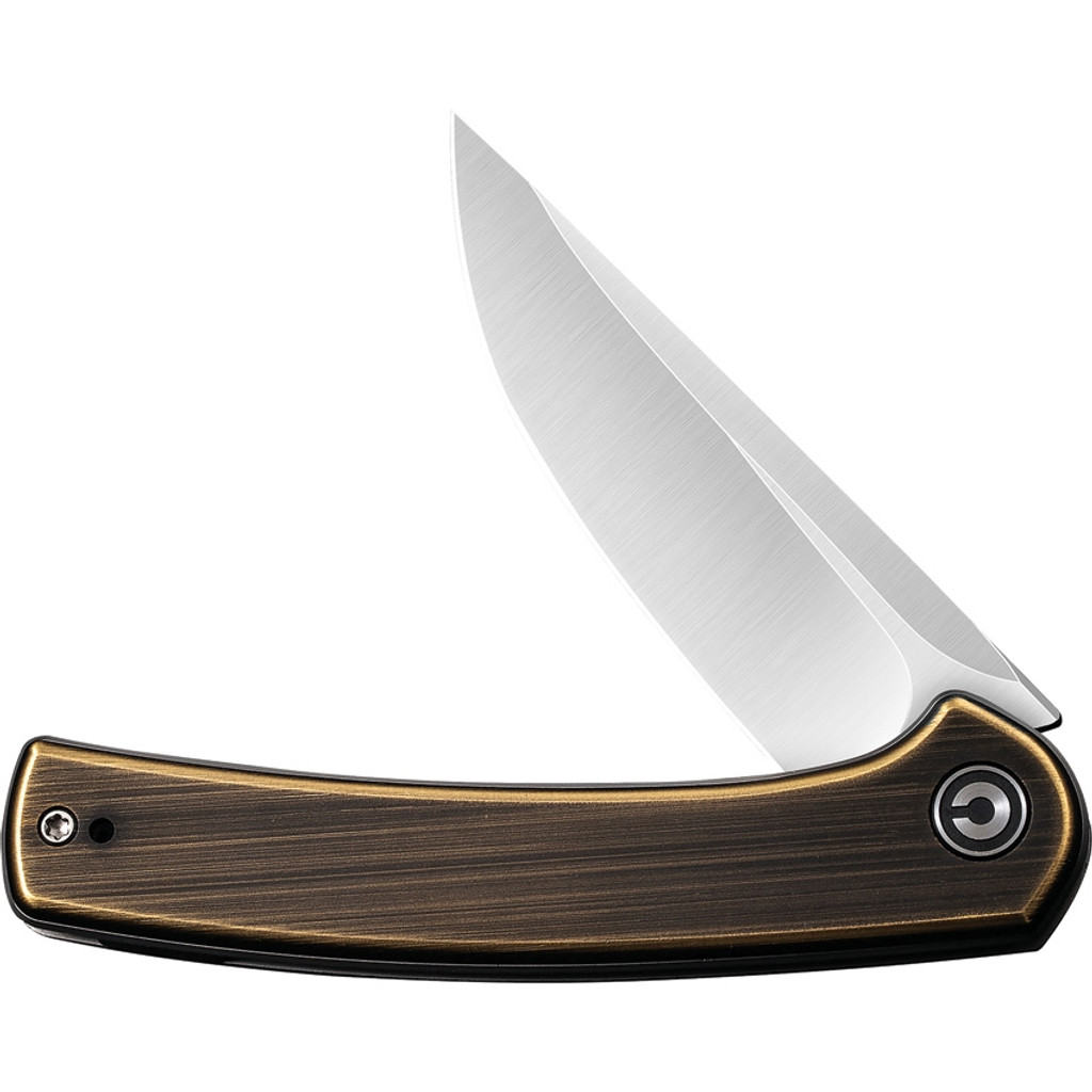 Civivi Mini Asticus folding knife with flipper tab - shown partially open presentation side.  Satin 10Cr15CoMoV stainless steel plain edge blade.  Rubbed brass handle.  Model C19026B-2.