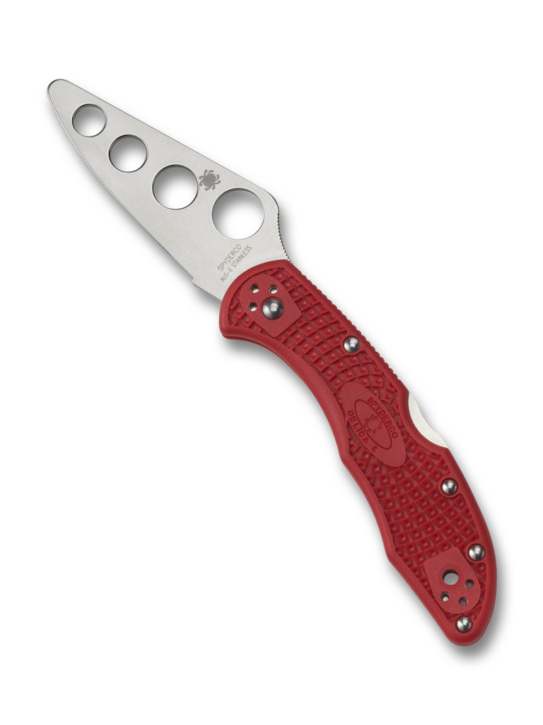 Spyderco Delica 4 Trainer folding knife with thumb hole - shown open presentation side.  AUS-6 stainless steel trainer blade.  Red FRN handle.  Model C11TR.