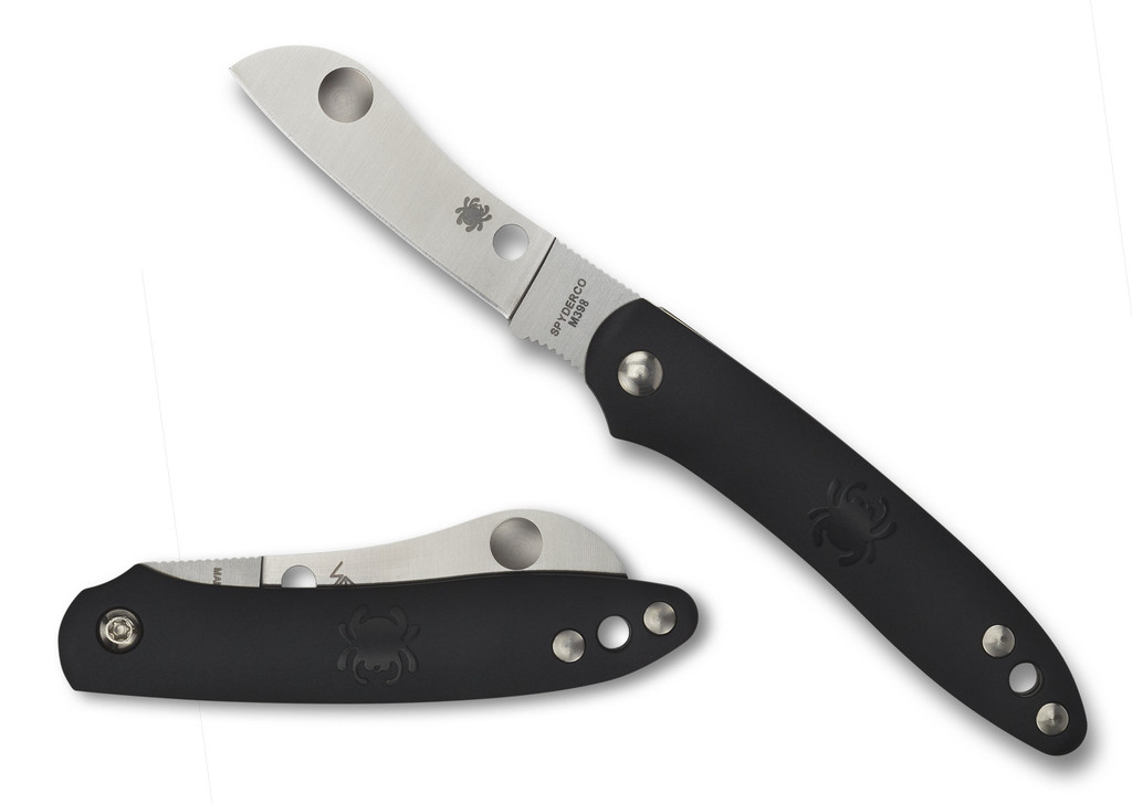 Spyderco Roadie Slipjoint folding knife with Double Dent - shown open obverse and closed reverse.  Satin N690Co stainless steel plain edge blade.  Black FRN handle.  Model C189PBK.