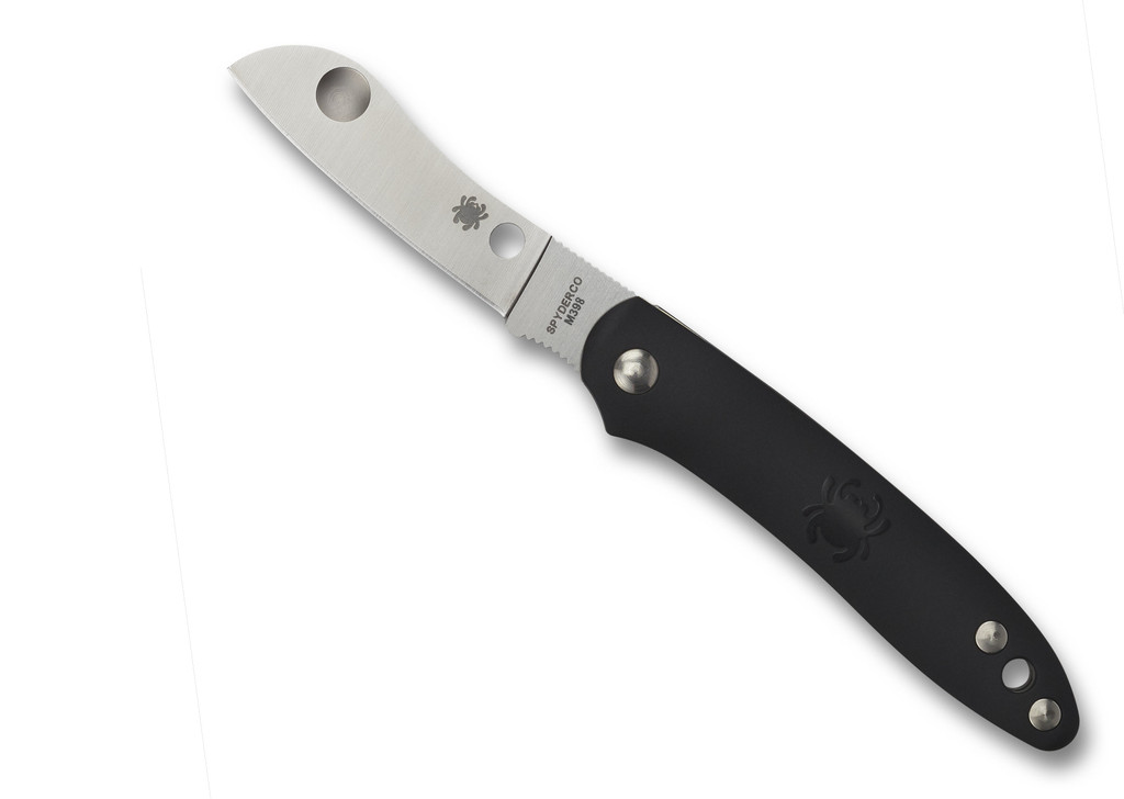 Spyderco Roadie Slipjoint folding knife with Double Dent - shown open obverse.  Satin N690Co stainless steel plain edge blade.  Black FRN handle.  Model C189PBK.