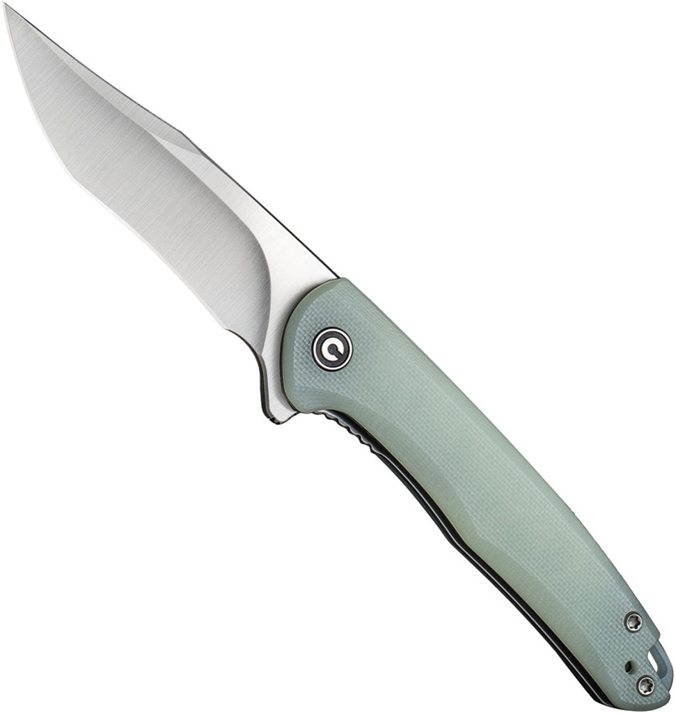 Civivi Mini Sandbar folding knife with flipper tab - shown open presentation side.  Satin Nitro-V stainless steel plain edge blade.  Natural G-10 handle.  Model C20011-2.