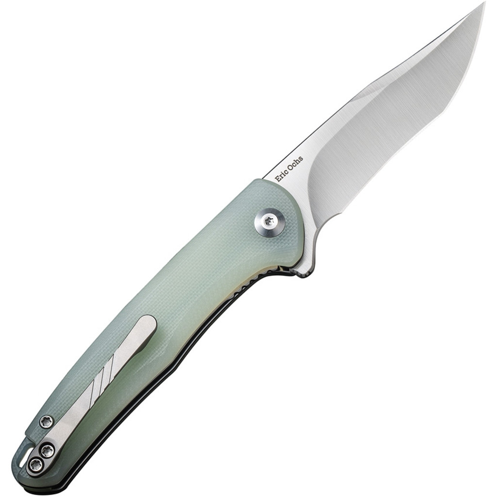 Civivi Mini Sandbar folding knife with flipper tab - shown open pocket clip side.  Satin Nitro-V stainless steel plain edge blade.  Natural G-10 handle.  Model C20011-2.