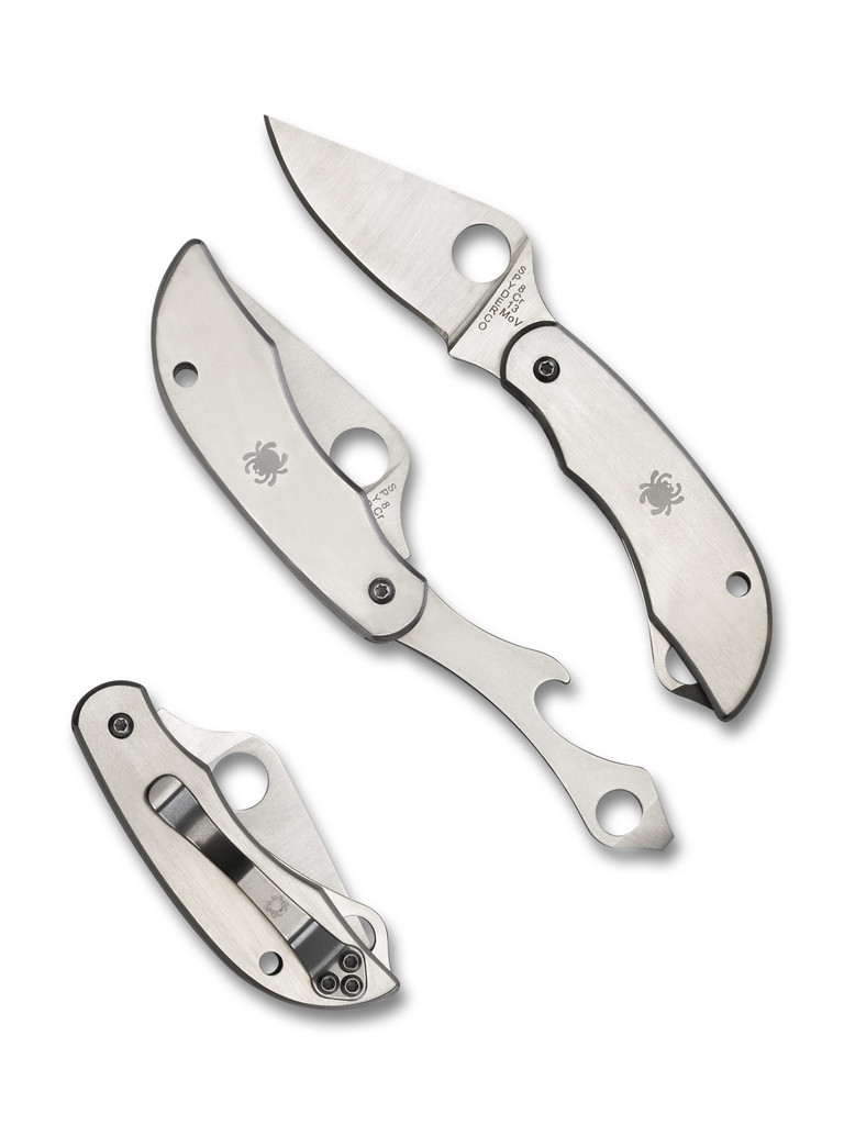 Spyderco Clipitool folding knife with thumb hole - shown open presentation side, closed pocket clip side, and bottle opener open presentation side.  Satin 8Cr13MoV stainless steel plain edge blade. Stainless steel handle.  Model C175P.