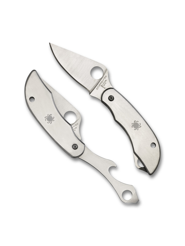 Spyderco Clipitool folding knife with thumb hole - shown open presentation side and bottle opener open presentation side.  Satin 8Cr13MoV stainless steel plain edge blade. Stainless steel handle.  Model C175P.