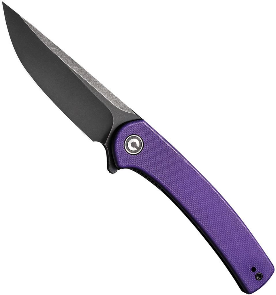 Civivi Mini Asticus folding knife with flipper tab - shown open presentation side.  Black Stonewash 10Cr15CoMoV stainless steel plain edge blade.  Purple G-10 handle.  Model C19026B-4.
