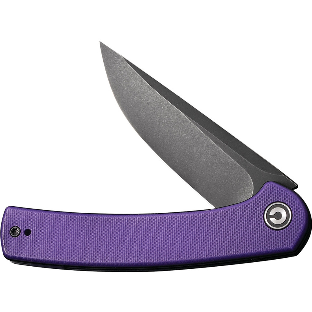Civivi Mini Asticus folding knife with flipper tab - shown partially open presentation side.  Black Stonewash 10Cr15CoMoV stainless steel plain edge blade.  Purple G-10 handle.  Model C19026B-4.