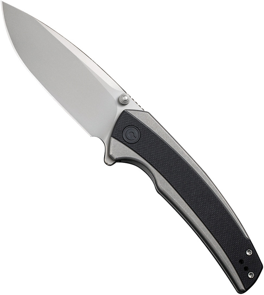 Civivi Teraxe folding knife with flipper tab - shown open presentation side.  Bead blast Nitro-V stainless steel plain edge blade.  Black G-10 handle.  Model C20036-3.