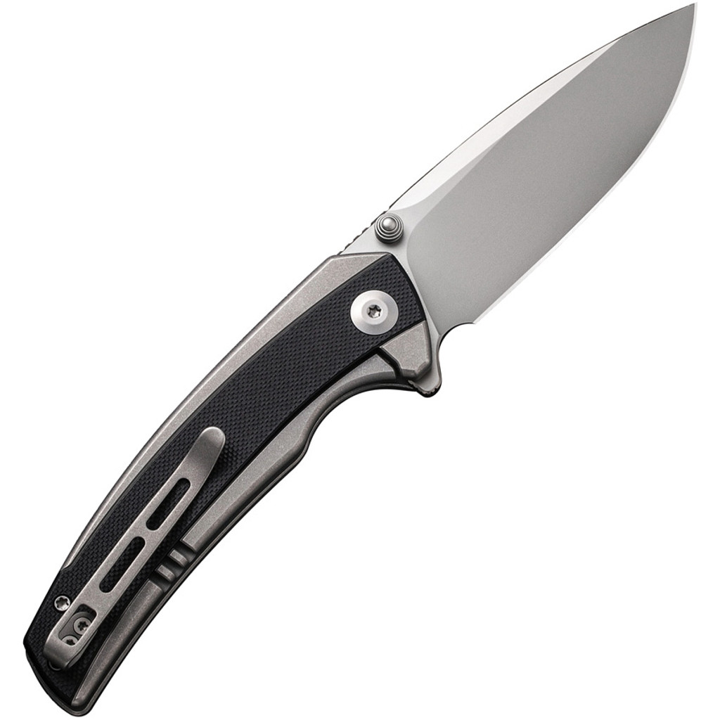 Civivi Teraxe folding knife with flipper tab - shown open pocket clip side.  Bead blast Nitro-V stainless steel plain edge blade.  Black G-10 handle.  Model C20036-3.