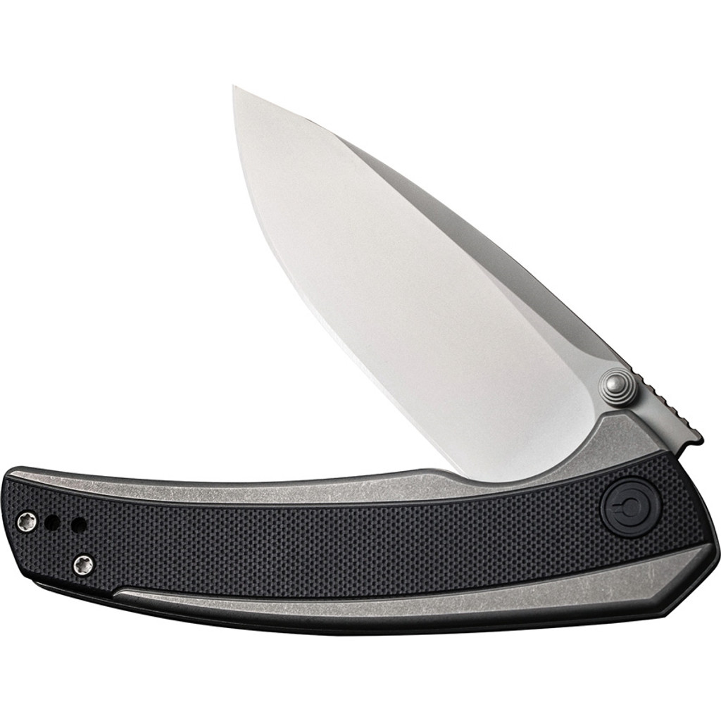 Civivi Teraxe folding knife with flipper tab - shown partially open presentation side.  Bead blast Nitro-V stainless steel plain edge blade.  Black G-10 handle.  Model C20036-3.