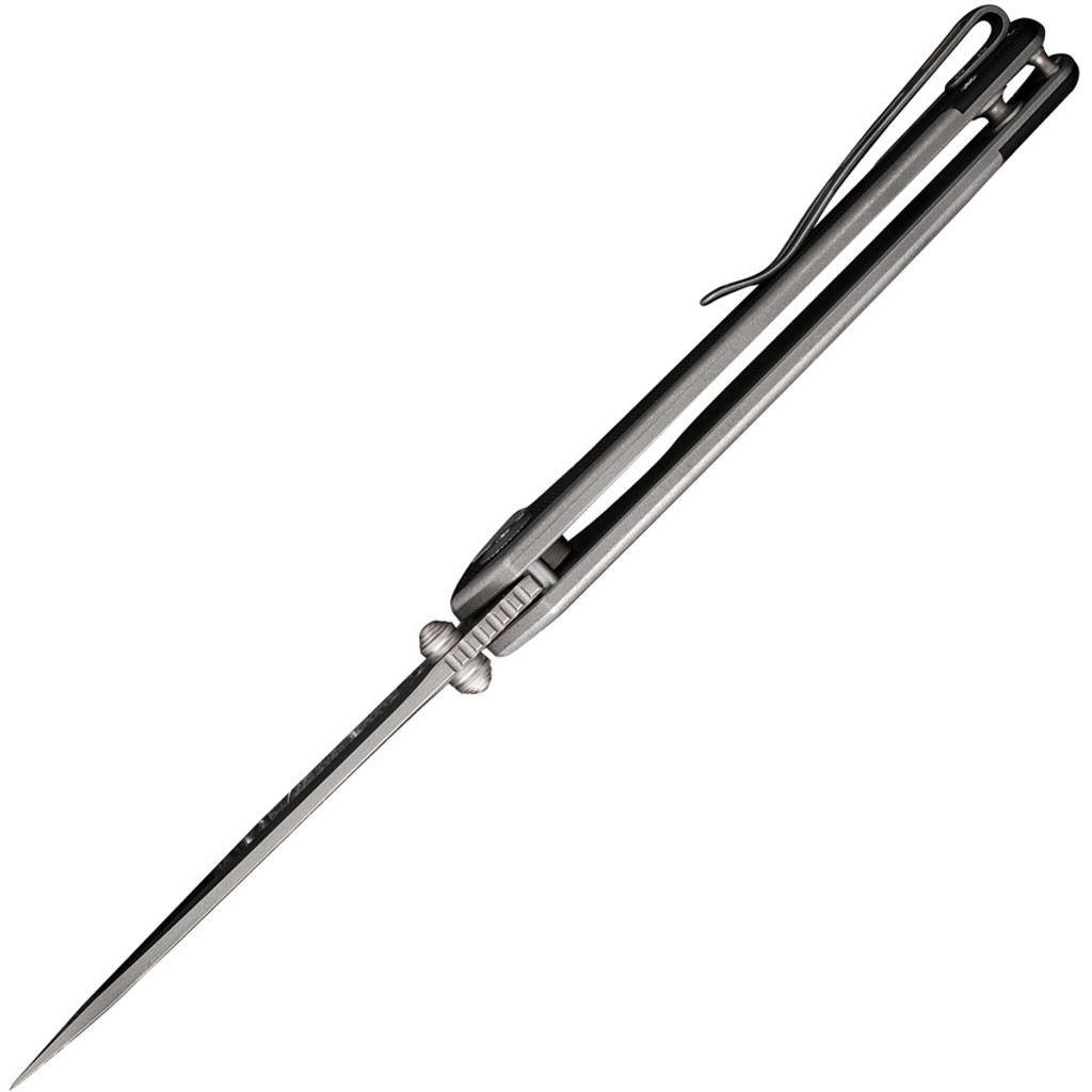 Civivi Teraxe folding knife with flipper tab - shown open top view.  Bead blast Nitro-V stainless steel plain edge blade.  Black G-10 handle.  Model C20036-3.