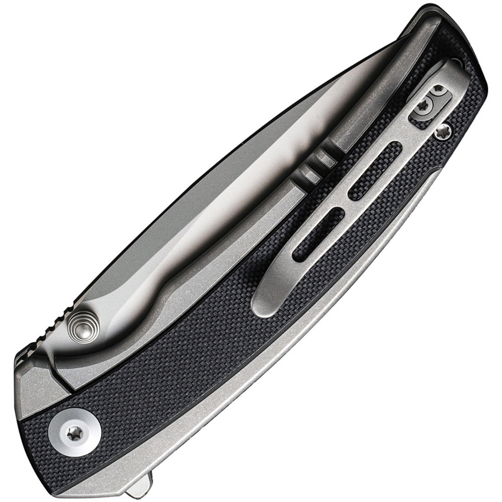 Civivi Teraxe folding knife with flipper tab - shown closed pocket clip side.  Bead blast Nitro-V stainless steel plain edge blade.  Black G-10 handle.  Model C20036-3.