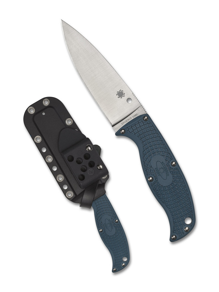 Spyderco Enuff 2 Leaf fixed blade knife - shown out of sheath reverse and in sheath reverse.  Satin K390 steel plain edge blade.  Blue FRN handle.  Model FB31PBL2K390.