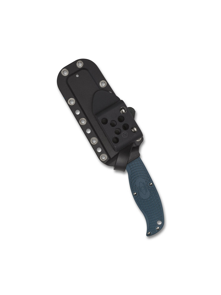 Spyderco Enuff 2 Leaf fixed blade knife - shown in sheath reverse.  Satin K390 steel plain edge blade.  Blue FRN handle.  Model FB31PBL2K390.