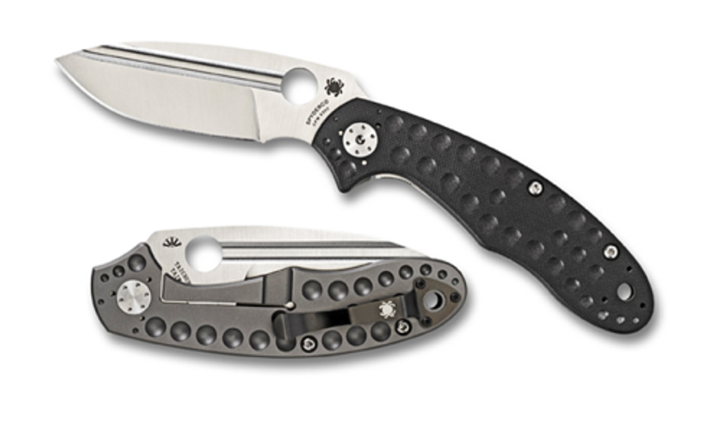 Spyderco Tuff folding knife with thumb hole - shown open presentation side and closed pocket clip side.  Satin CPM-3V steel plain edge blade. Black G-10 handle with titanium lock side.  Model C151GTIP.
For reference only.