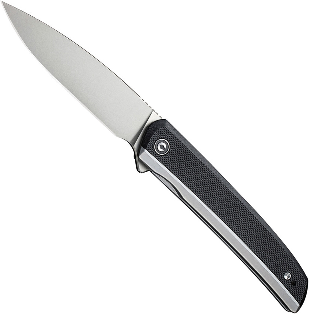 Civivi Savant folding knife with flipper tab - shown open presentation side.  Bead blast 14C28N stainless steel plain edge blade.  Black G-10 handle.  Model C20063B-2.