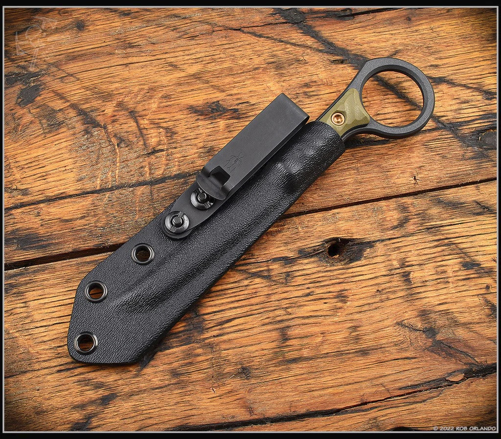 RMJ Tactical Stabby Guy multitool - shown in sheath reverse.  Cobalt Cerakote CPM-3V steel construction with OD green G-10.