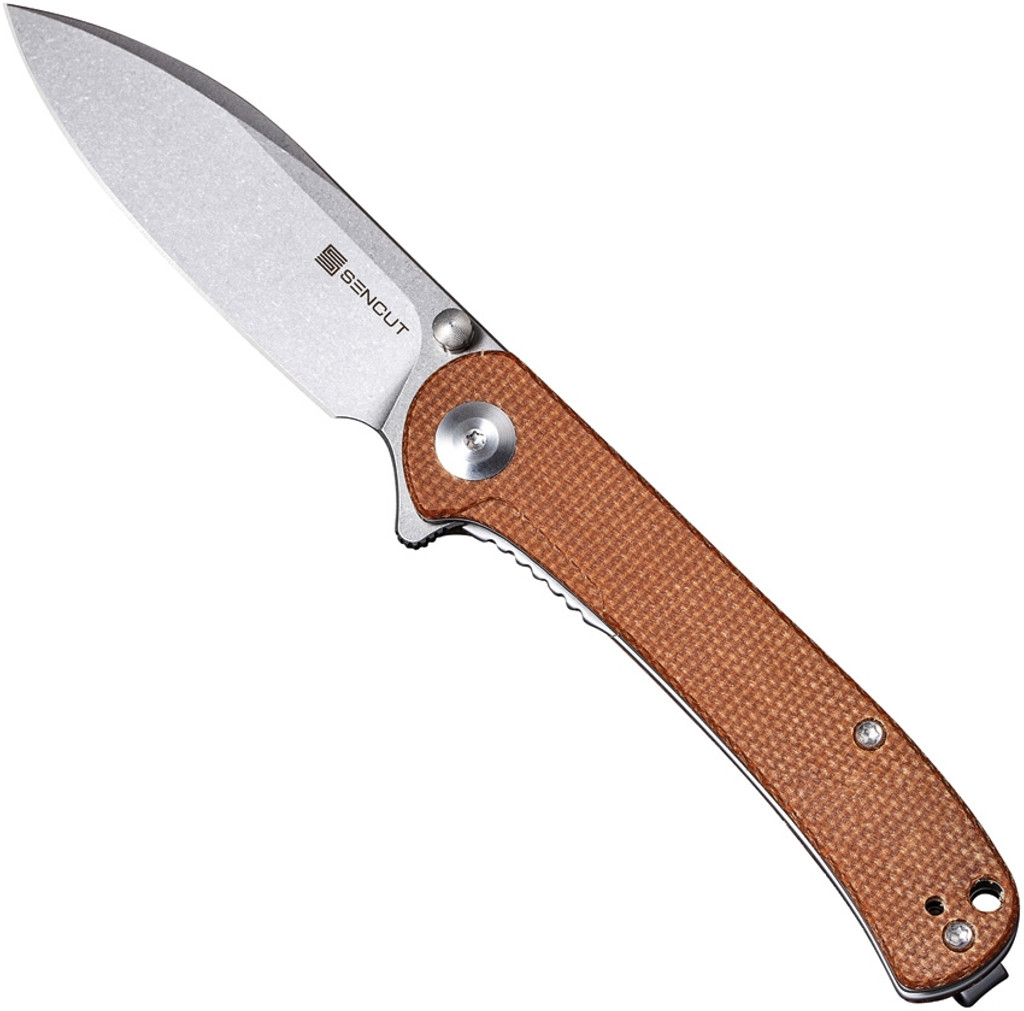 Sencut Scepter folding knife with thumb stud and flipper tab - shown open presentation side.  Stonewash 9Cr18MoV stainless steel plain edge blade.  Brown Micarta handle.  Model SA03D.