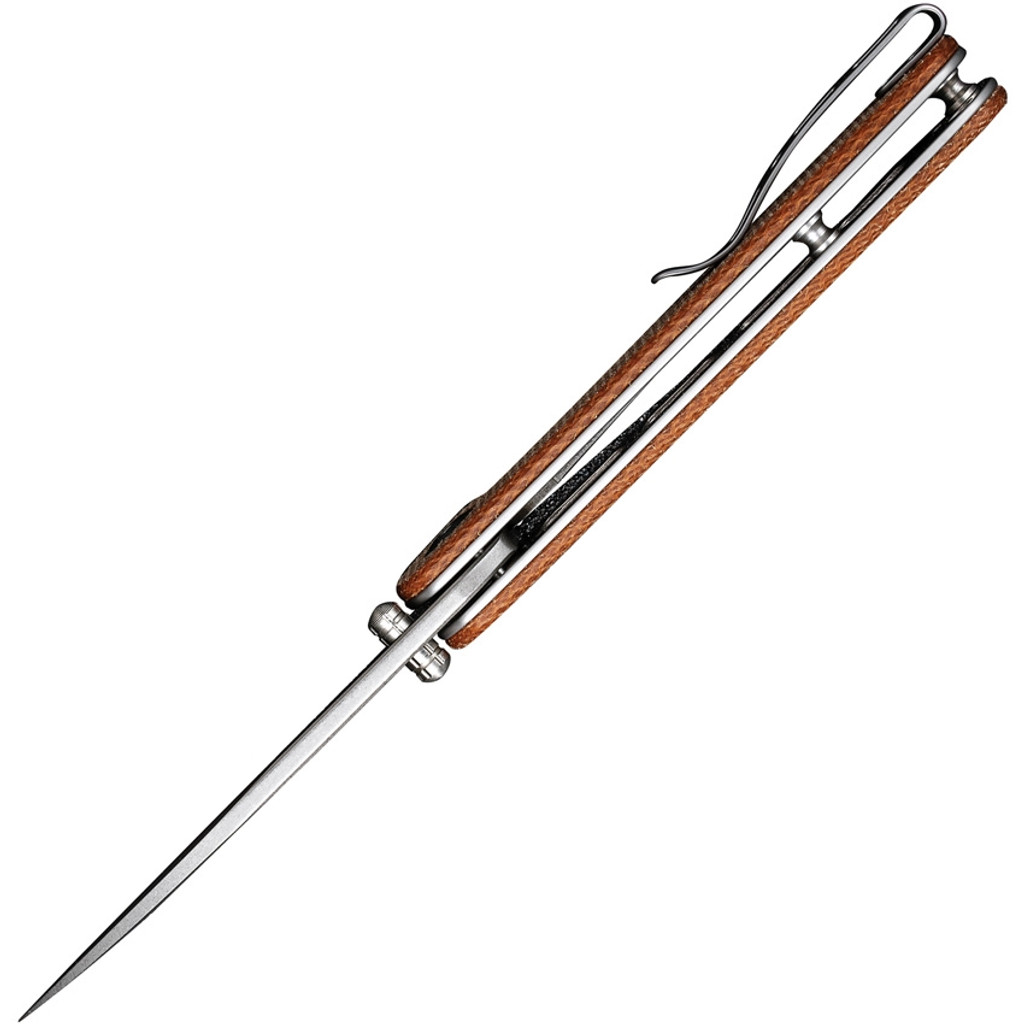 Sencut Scepter folding knife with thumb stud and flipper tab - shown open top view.  Stonewash 9Cr18MoV stainless steel plain edge blade.  Brown Micarta handle.  Model SA03D.