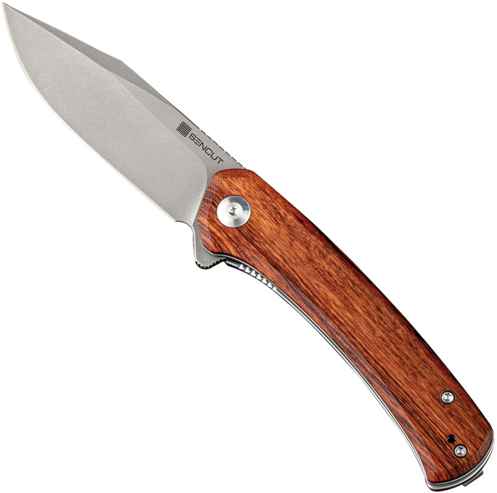 Sencut Snap folding knife with flipper tab - shown open presentation side.  Stonewash 9Cr18MoV stainless steel plain edge blade.  Wood handle.  Model SA05D-V1.