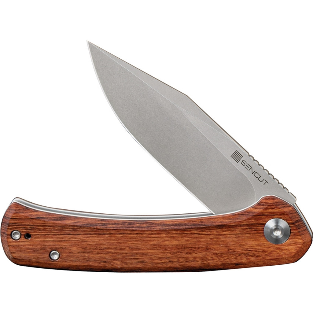 Sencut Snap folding knife with flipper tab - shown partially open presentation side.  Stonewash 9Cr18MoV stainless steel plain edge blade.  Wood handle.  Model SA05D-V1.