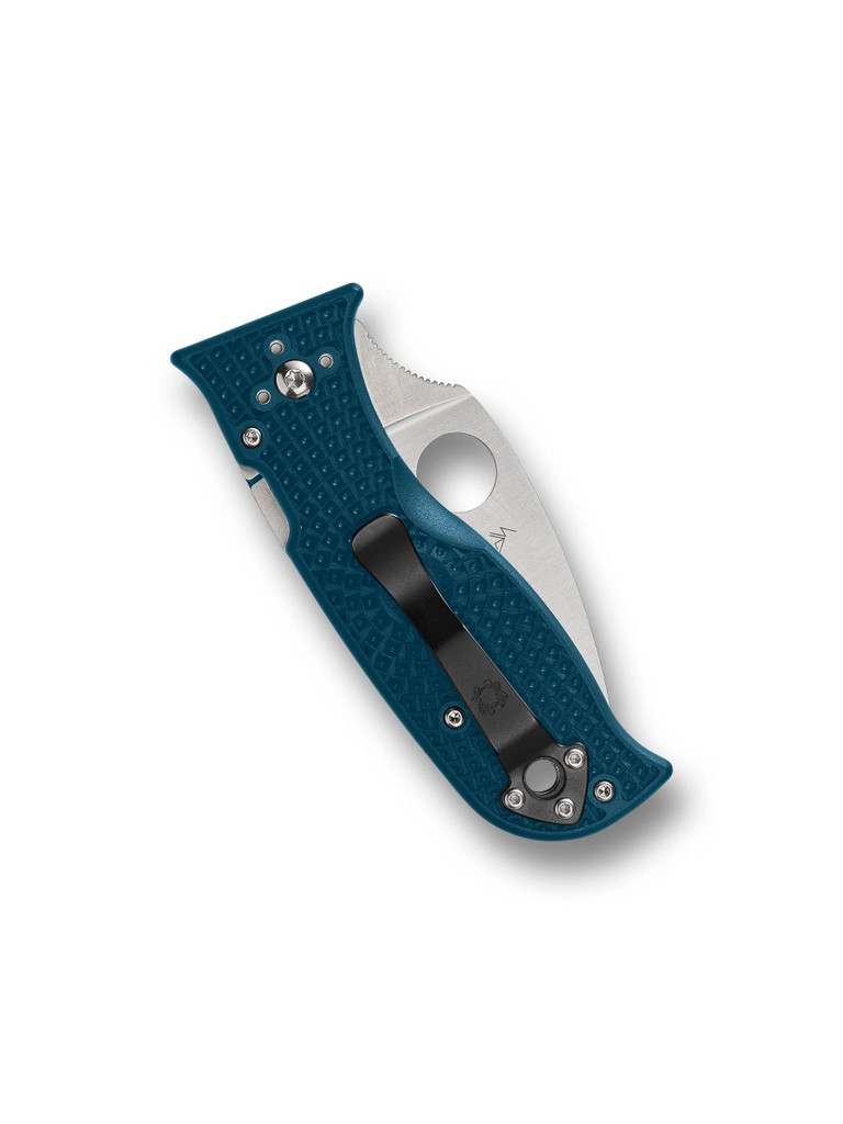 Spyderco Lil' Temperance 3 folding knife with thumb hole - shown closed pocket clip side.  Satin K390 steel plain edge blade.  Blue FRN handle.  Model C69PBL3K390.