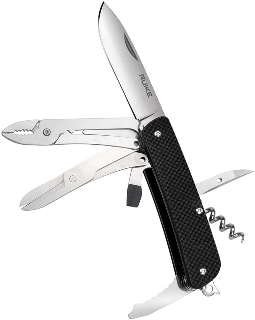 Ruike Knives M41-B multitool with 18 functions - shown open pocket clip side.  Black G-10 handle.  Model M41-B.